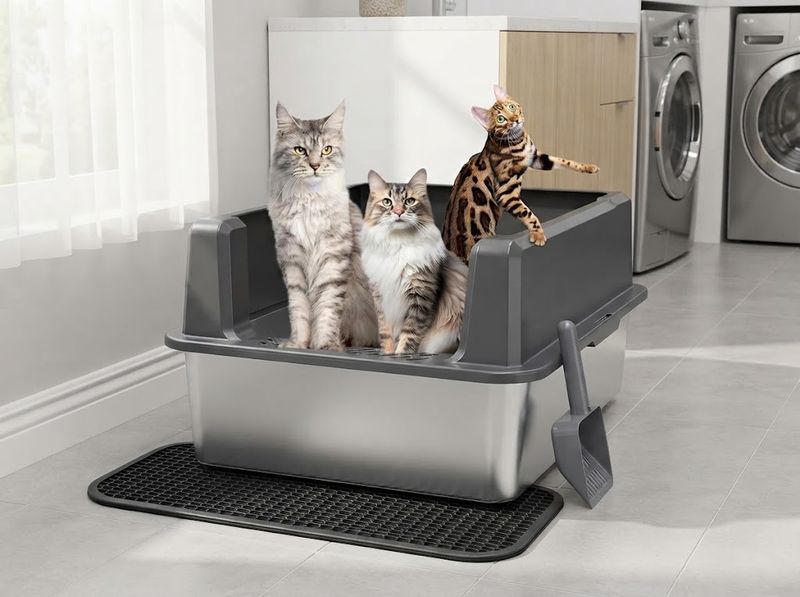 Rinsed stainless litter pan corner seam with water beading