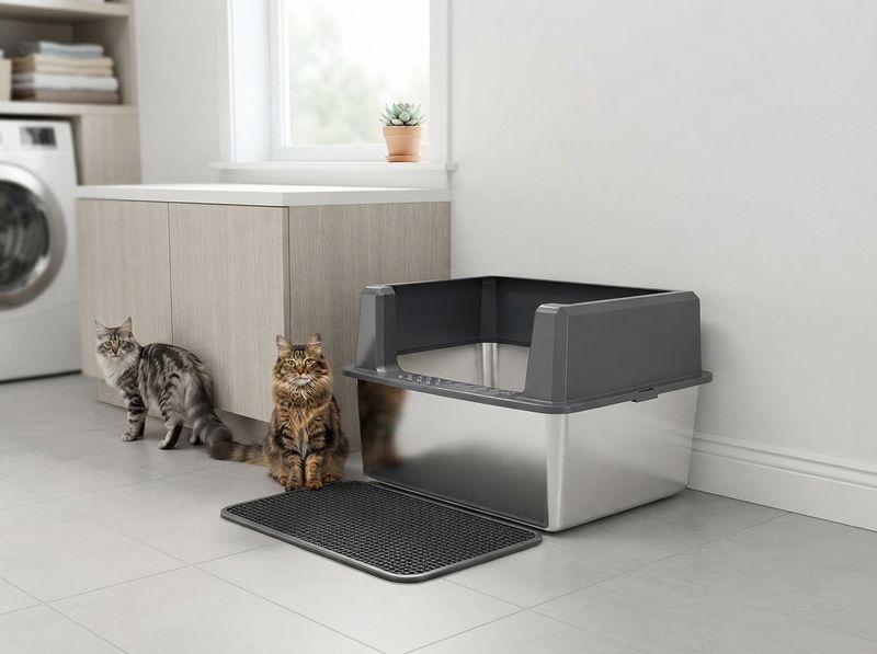 Large long-haired cat standing inside a tall stainless litter box