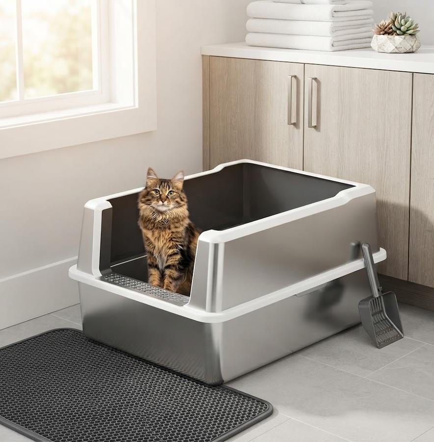 Pematar XXL Steel Litter Box in a bathroom corner
