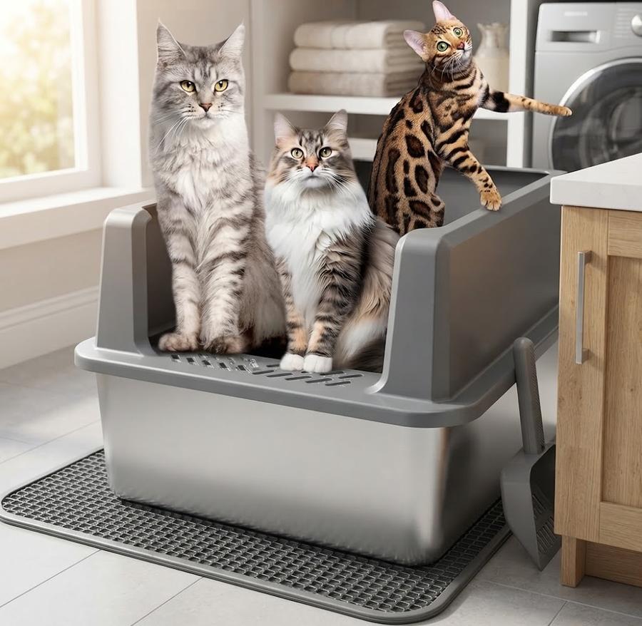 Stainless litter pan rinsed under a hot tap, water sheeting off gray metal