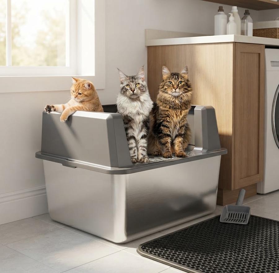 Pematar tallest-wall steel litter box beside a washer